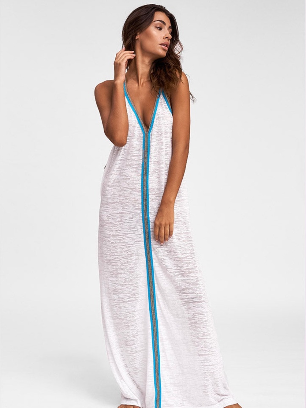 Pitusa Inca Maxi Sun Dress White s/ turquoise trim size standard.